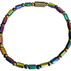 Colorful metallic tube bead necklace on white background