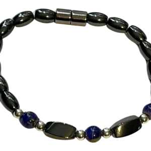 Elegant beaded magnetic therapy bracelet featuring hematite and lapis lazuli beads for natural pain relief and wellness