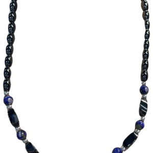 Elegant sapphire and silver necklace on black background